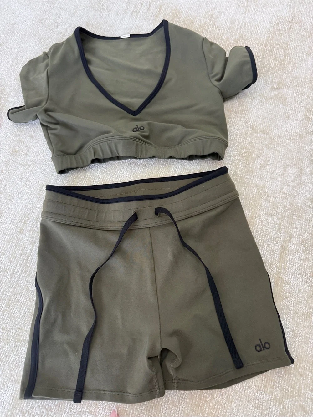 ALO Yoga Kids Olive Green Shorts with Black Trim